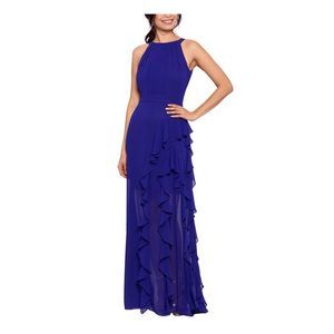 B&A  BY BETSY & ADAM Womens Blue Lined V Back Tie Formal Dress Petites 12P
